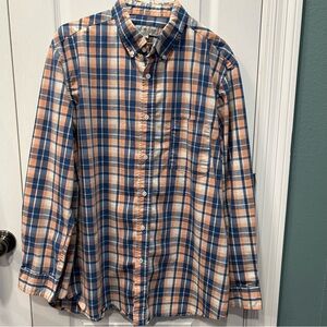 Sun River Clothing Co. Men’s Peach/Blue Plaid Long Sleeve Button-Up Shirt Sz. LG